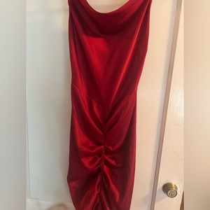 Red Satin Cowl Neck Ruched Midi Dress